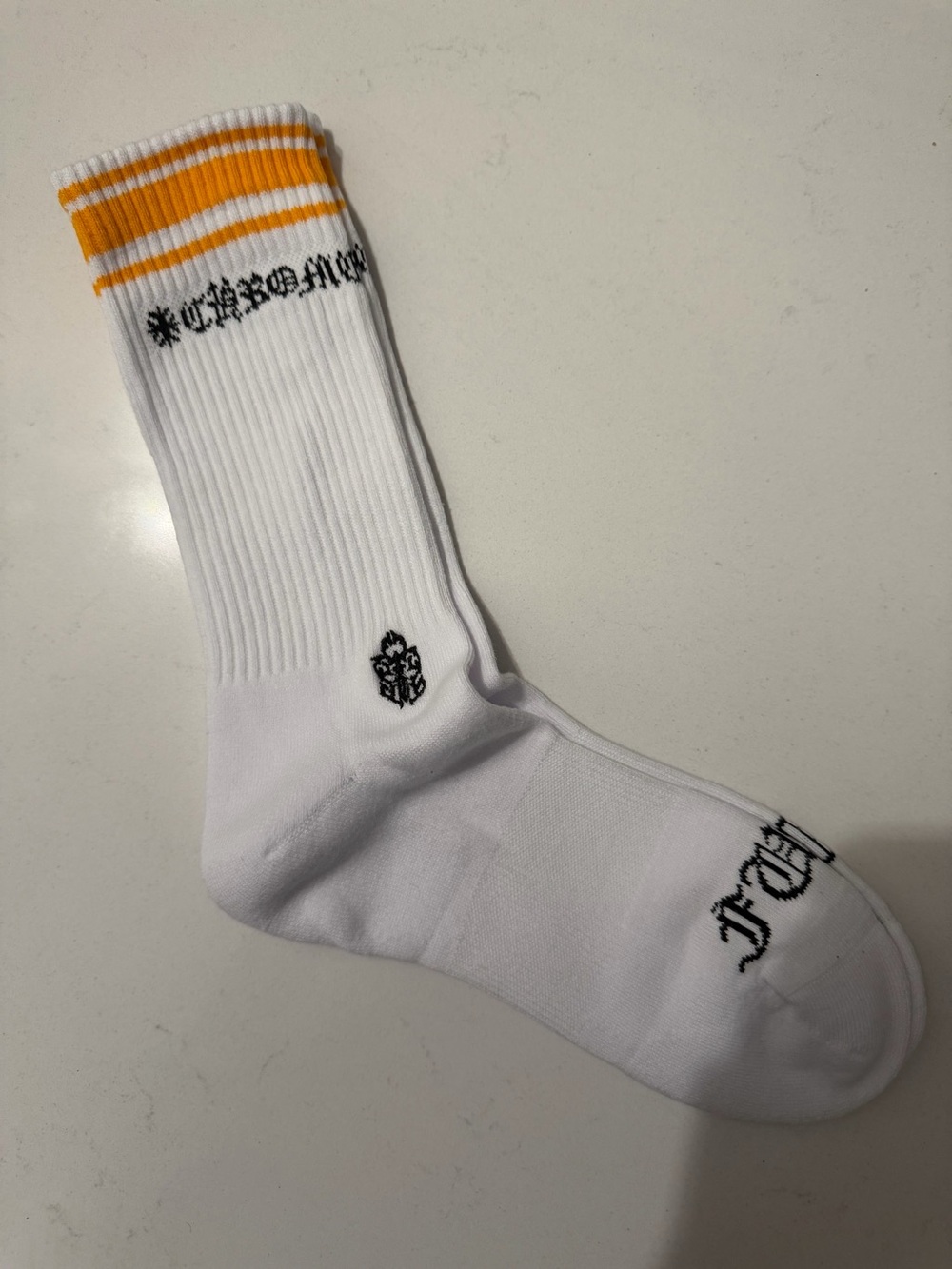 Chrome Hearts White Athletic Crew Socks with Yellow Stripes